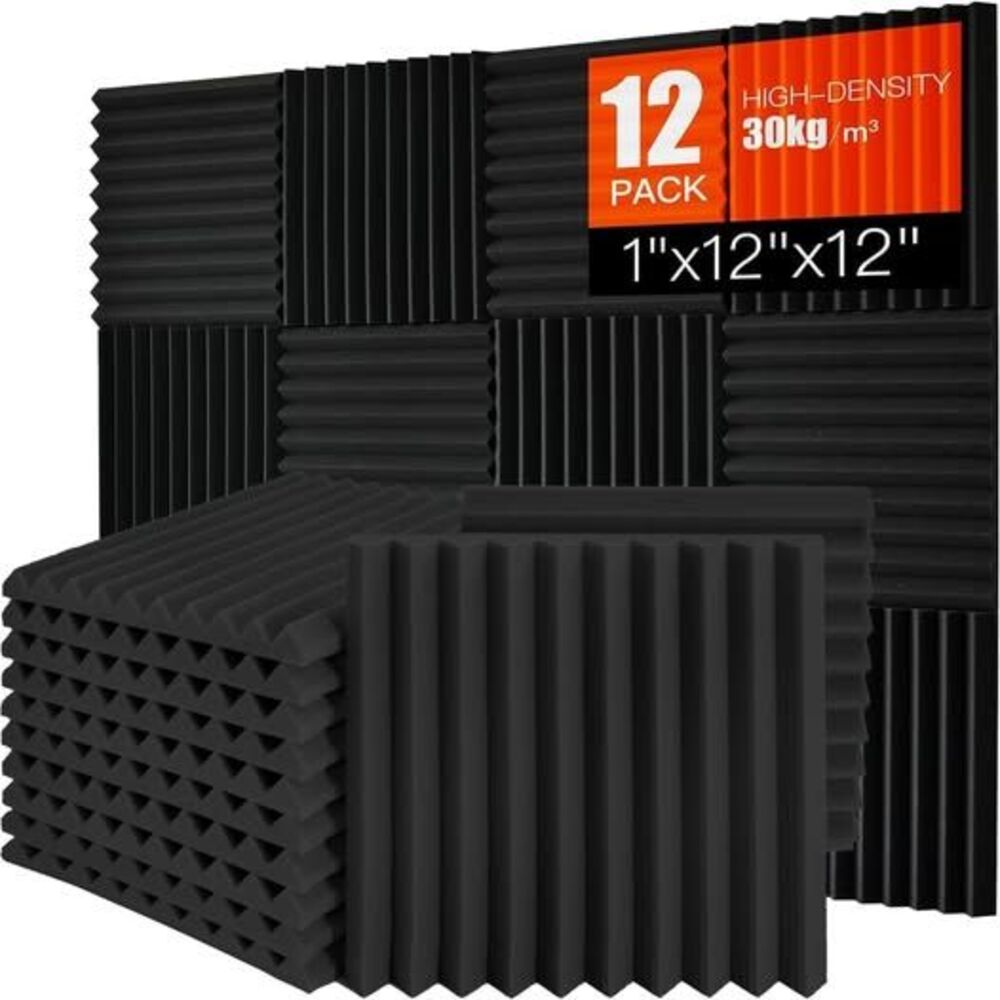 12 Pack Black Acoustic Panels Foam Sound Absorbing Wall Panels 1 x 12 x 12, NEW